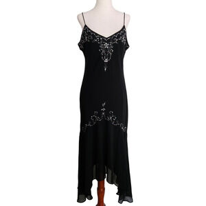 Vintage 90s Black Mesh Flapper Style Evening Gown Prom Dress Asymetric Beaded 14